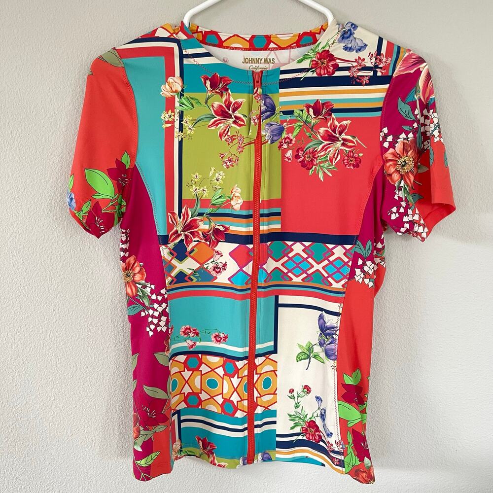 JOHNNY WAS Nanya Patchwork Floral Surf Shirt Rash Guard (M)